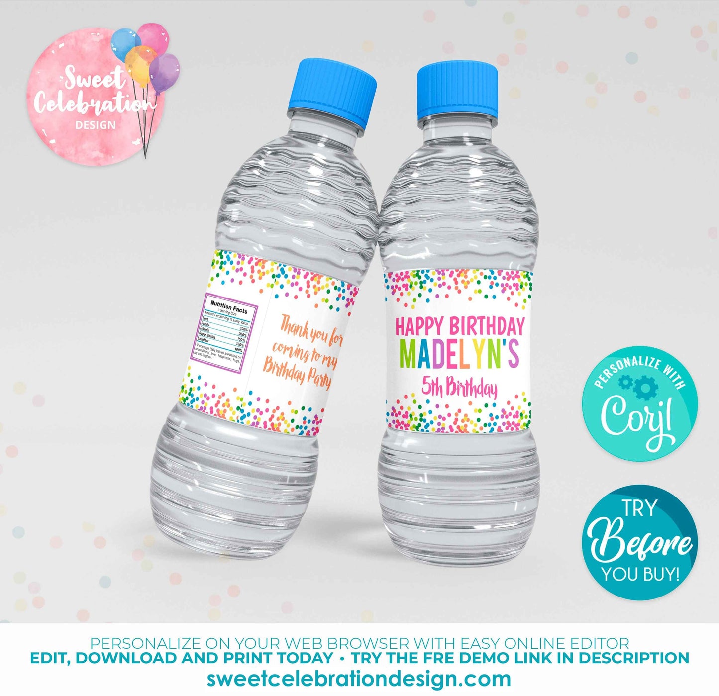 Bounce Confetti Water Bottle Editable Label