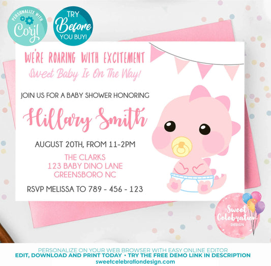 Dino Baby Pink Invitation