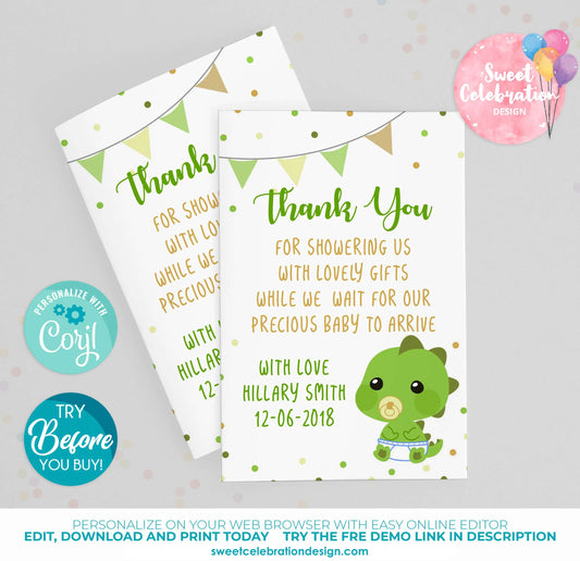 Dino Baby Green Thank You Card