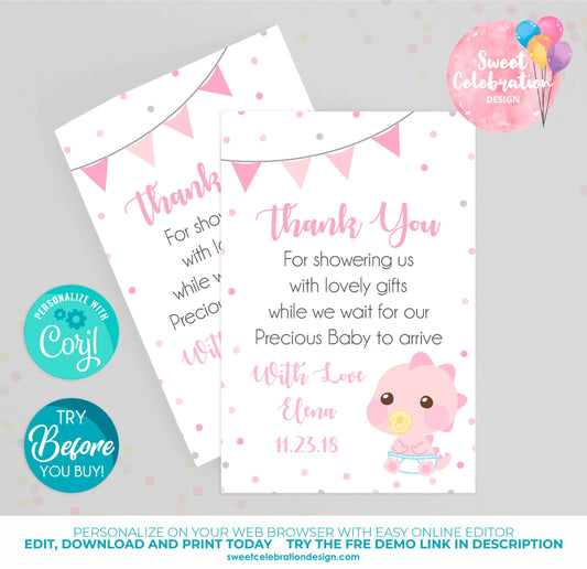 Dino Baby Pink Thank You Card